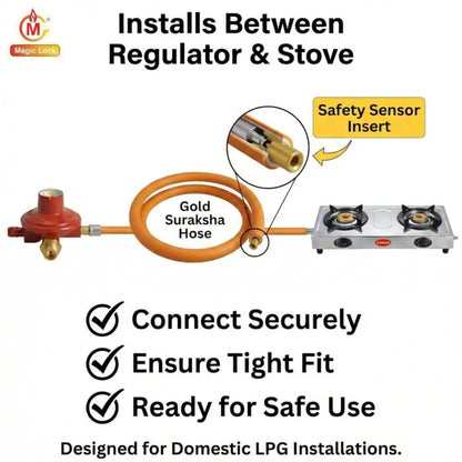Magic Lock Gold Suraksha LPG Safety Hose 1.5 M – Built-in Auto-Lock Nano Safety Device, ISI & BIS Certified, 5-Year Warranty + ₹50L Insurance